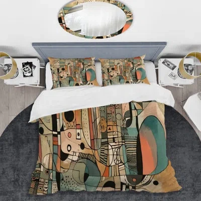 Design Art Golden Mid Century Boho Drawing - Abstract Minimalism Duvet Cover Set - Microfiber Polyester In Green;orange