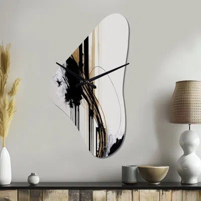 Design Art Golden Minimalist Abstract Ii - Abstract Asymmetrical Metal Wall Clock, Black Unique Shape Metal Clo In Black;gold