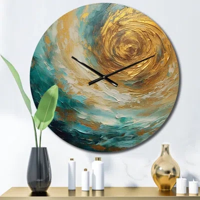 Design Art Golden Ocean Spiral Waves Painting Iii Metal Wall Clock In Blue;white;gold