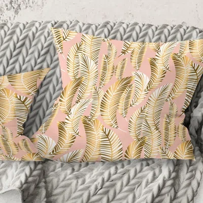Design Art Golden Palm Leaves I - Mid-century Modernprinted Throw Pillow In Green;pink