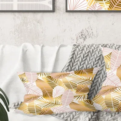 Design Art Golden Palm Leaves Ii - Mid-century Modern Printed Throw Pillow