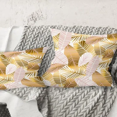 Design Art Golden Palm Leaves Ii - Mid-century Modernprinted Throw Pillow