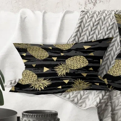 Design Art Golden Pineapple On Black - Mid-century Modernprinted Throw Pillow