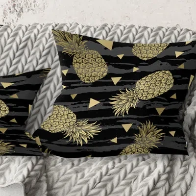 Design Art Golden Pineapple On Black - Mid-century Modernprinted Throw Pillow