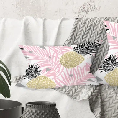 Design Art Golden Pineapple Pink Leaves - Mid-century Modernprinted Throw Pillow