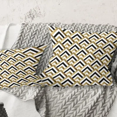 Design Art Golden Plaid Pattern - Mid-century Modernprinted Throw Pillow In Black