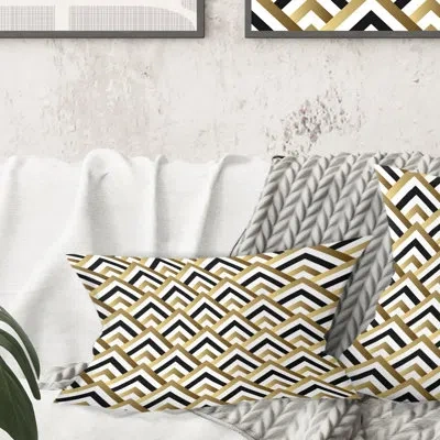 Design Art Golden Plaid Pattern - Mid-century Modernprinted Throw Pillow In Black