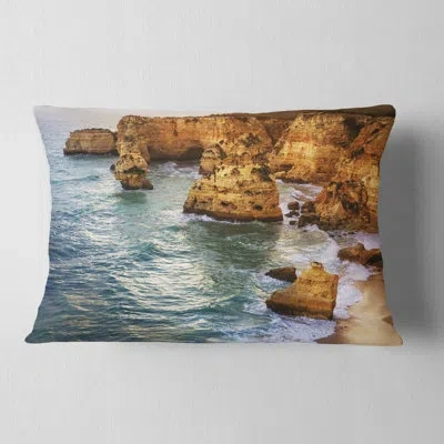 Design Art Golden Rocks And Beach At Algarve - Sea & Shore Printed Throw Pillow