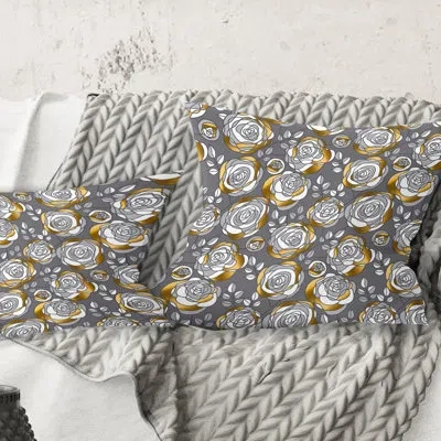 Design Art Golden Rose Flowers - Mid-century Modernprinted Throw Pillow In Gray