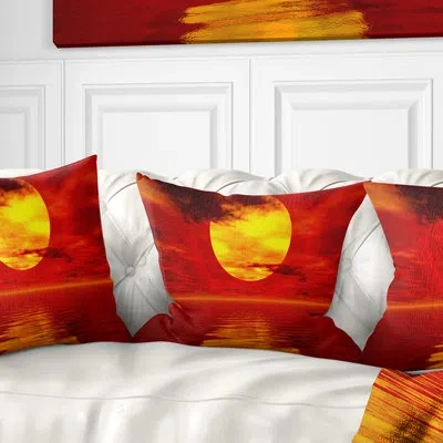 Design Art Golden Sun Sinking In Red Waters - Sea & Shore Printed Pillow