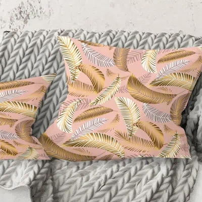 Design Art Golden Tropical Pattern V - Mid-century Modernprinted Throw Pillow In Orange