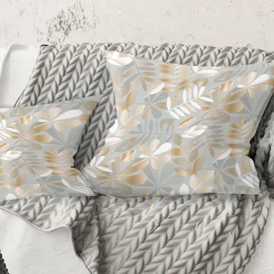 Design Art Golden Tropical Pattern Viii - Mid-century Modernprinted Throw Pillow In Gray;gold