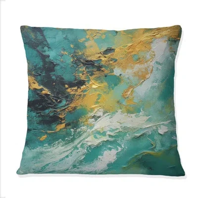 Design Art Golden Turquoise Waves Breaking Abstract I - Abstract Shapes Printed Throw Pillow In Green;gold