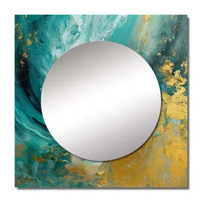 Design Art Golden Turquoise Waves Breaking Abstract Iii - Abstract Shapes Square Mirror Wall Decor For Bedroom In Gold;teal