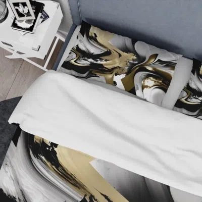 Design Art Golden Wave Reflections Ii - Abstract Painting Duvet Cover Set - Microfiber Polyester In Black;gold
