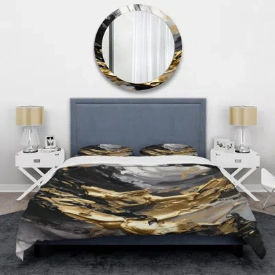 Design Art Golden Wave Reflections Viii - Abstract Painting Duvet Cover Set - Microfiber Polyester In Black;gold
