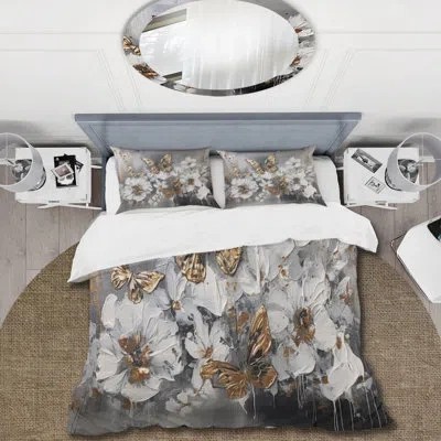 Design Art Golden White Butterfly Wings And Flowers I - Floral Comforter Set Of 4 In White;gold
