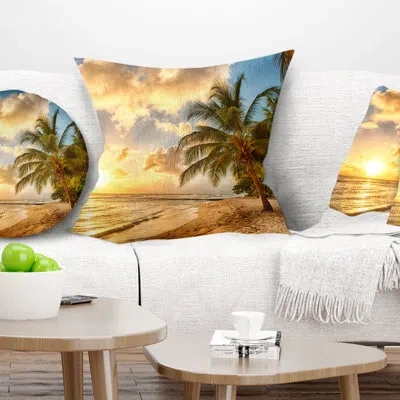 Design Art Gorgeous Beach Of Island Barbados - Sea & Shore Printed Pillow In Blue;black;brown;green;red;yellow
