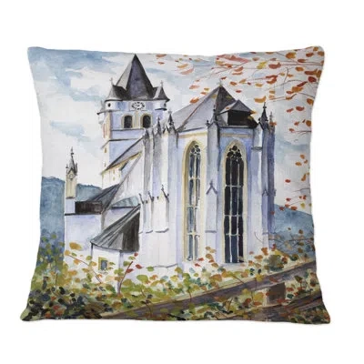 Design Art Gothic Church In The Green - Mid-century Modern Printed Throw Pillow In White;green