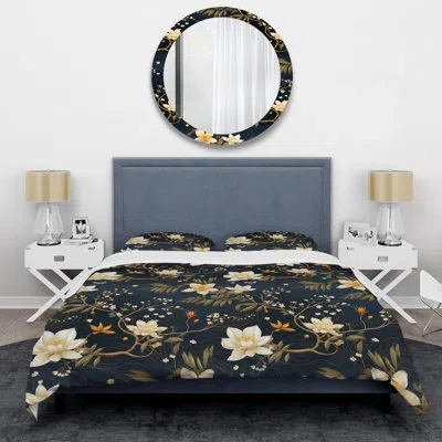 Design Art Graceful Floral Essence Of Zen Ii Duvet Cover Set In Dark Blue