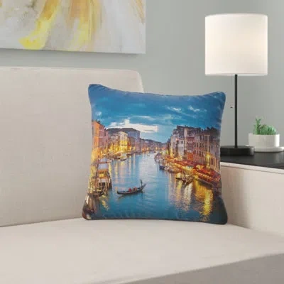 Design Art Grand Canal At Night Venice - Cityscape Printed Pillow In Blue;gold