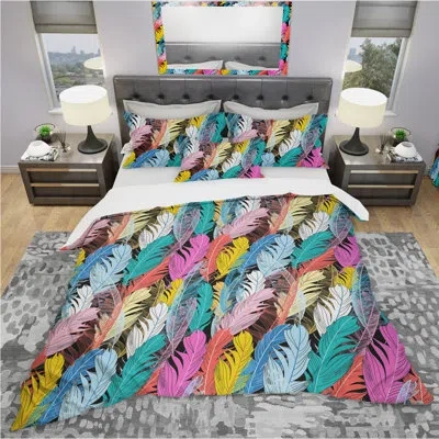 Design Art Graphic Pattern Multicolored Feathers - Bohemian Abstract Duvet Cover Set - Microfiber Polyester In Black