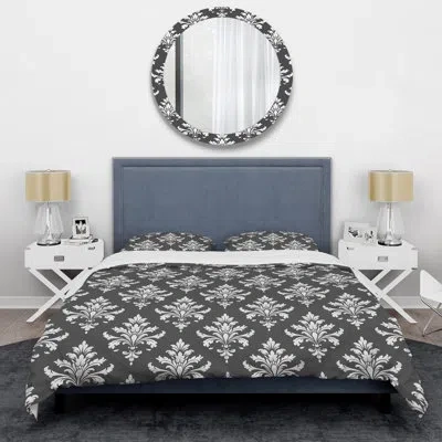 Design Art Gray White Damask Patterns Iv - Transitional Duvet Cover Set In White;gray
