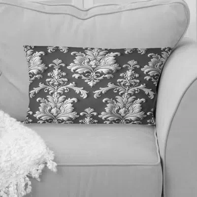 Design Art Gray White Damask Patterns V - Transitional Lumbar Pillow In White;gray