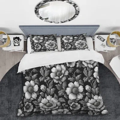 Design Art Gray White Floral Blooming Gardens - Transitional Duvet Cover Set In White;gray