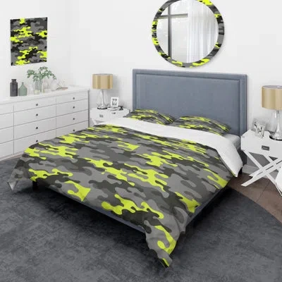 Design Art Gray/yellow Microfiber 3 Piece Duvet Cover Set In Green