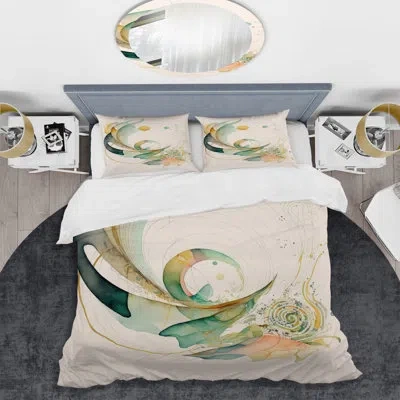 Design Art Green Abstract Swirl Microfiber / Polyester Duvet Cover Setmicrofiber / Polyester Duvet Cover Set In Green;yellow