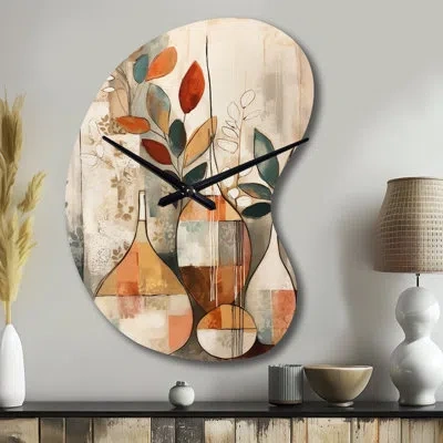Design Art Green And Beige Channeling Bohemian Vibes - Boho Feather Asymmetrical Metal Wall Clock, Traditional  In Green;beige
