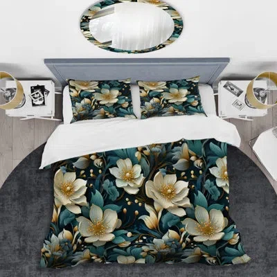 Design Art Green And Beige Wines Flowers I Duvet Cover Set In Green;beige