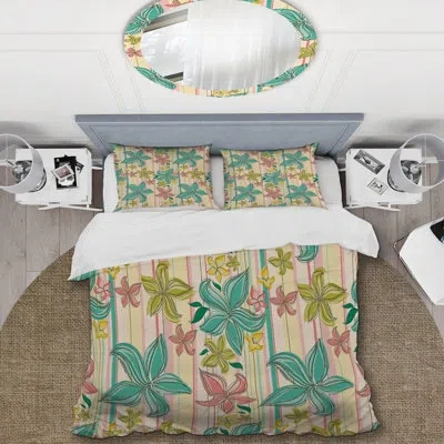 Design Art Green And Blue Orchid Flower - Cabin & Lodge Duvet Cover Set In Green,yellow,pink