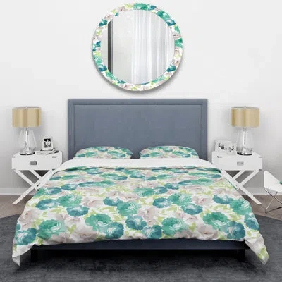 Design Art Green And Blue Roses - Cabin & Lodge Duvet Cover Set In Green,blue