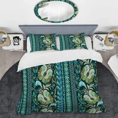 Design Art Green And Blue Striped Pattern - Abstract Duvet Cover Set - Microfiber Polyester In Blue,green