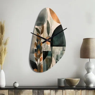 Design Art Green And Brown Artistic Liberation Ii - Boho Feather Unique Shape Metal Clock, Green Asymmetrical W