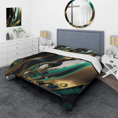 Design Art Green And Gold Agate Iii - Transitional Duvet Cover Set - Microfiber Polyester In Green;gold