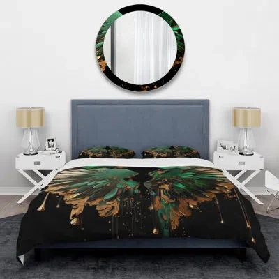Design Art Green And Gold Angel Wings Ii - Wings Angel Duvet Cover Set - Microfiber Polyester In Green;gold