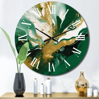 Design Art Green And Gold Liquid Magic Ii Metal Wall Clock In Green;gold