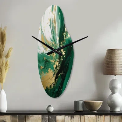 Design Art Green And Gold Serene Cascade Iii - Abstract Asymmetrical Metal Wall Clock, Modern Curved Wall Clock In Green;gold