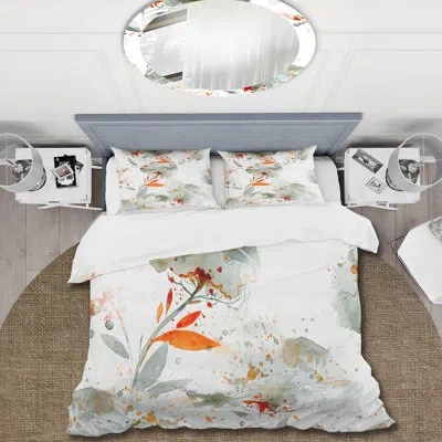 Design Art Green And Orange Wildflowers I - Modern Duvet Cover Set - Microfiber Polyester In White