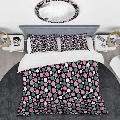 Design Art Green And Pink Circle Dots - Abstract Duvet Cover Set - Microfiber Polyester In Green,pink,black