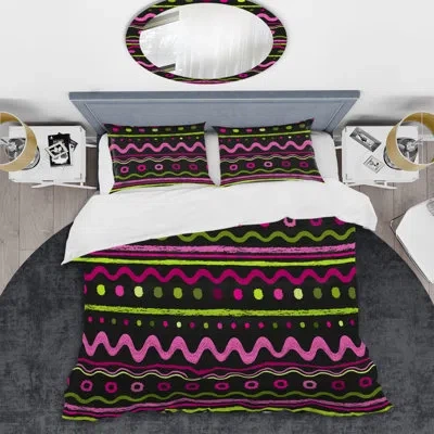 Design Art Green And Pink Striped Pattern - Abstract Duvet Cover Set - Microfiber Polyester In Black,pink