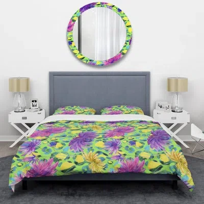 Design Art Green And Purple Flowers - Cabin & Lodge Duvet Cover Set In Purple,green,yellow