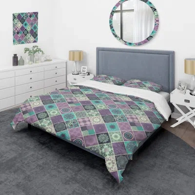 Design Art Green And Purple Patchwork - Abstract Duvet Cover Set - Microfiber Polyester In Green;gray;purple