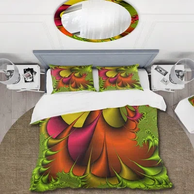 Design Art Green And Red Abstract Digital Flowers - Modern Duvet Cover Set - Microfiber Polyester In Green;red;orange