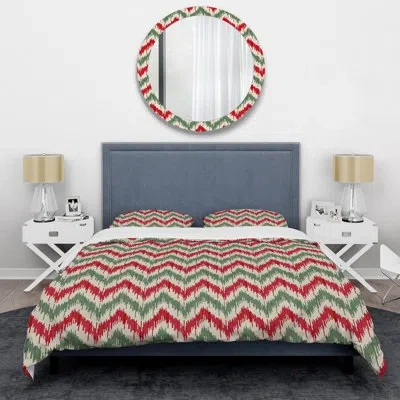 Design Art Green And Red Ikat Pattern Duvet Cover Set In Green,red,beige