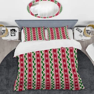 Design Art Green And Red Striped Pattern - Abstract Duvet Cover Set - Microfiber Polyester In Pink,green