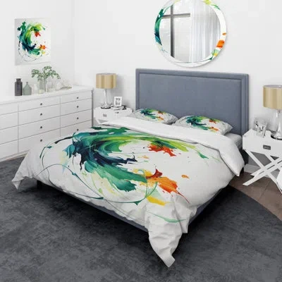 Design Art Green And White Abstract Expression Painting I - Abstract Painting Duvet Cover Set In White;green